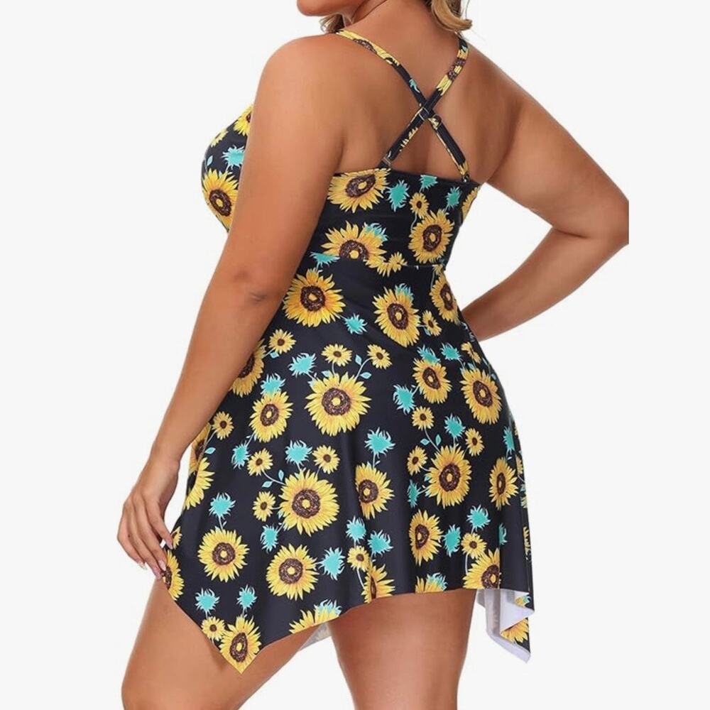Hanna Nikole Womens Swimsuit Dress Sunflower Print Asymmetrical Hem Blue Yellow - Picture 14 of 16